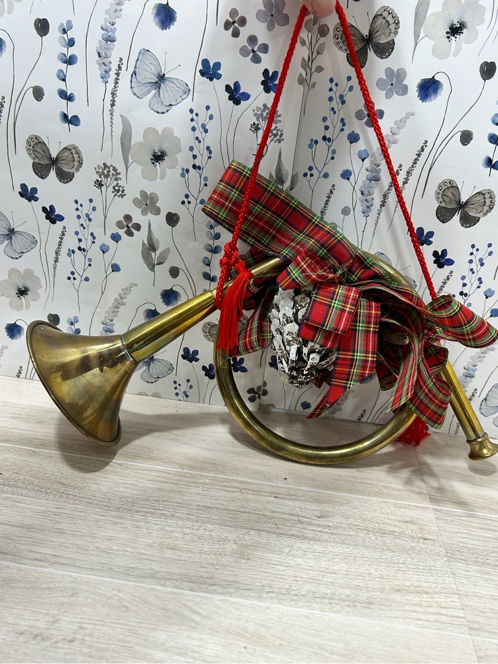 Vintage Brass Christmas Horn Plaid Bow Holiday Decor
